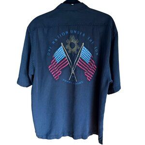 Tommy Bahama One Nation Under Sun Silk Hawaiian Black Shirt Embroidered Flags